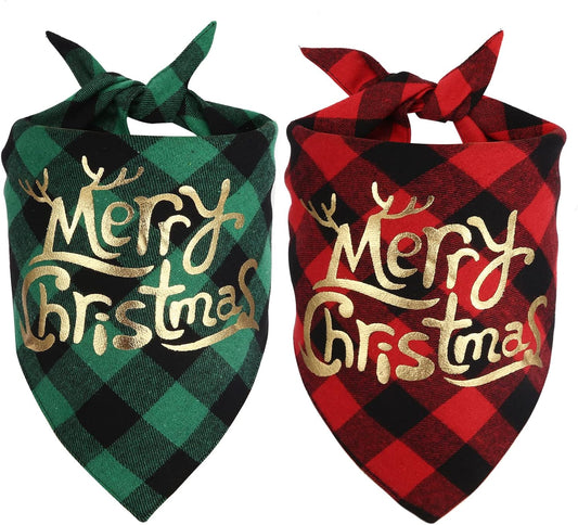 Dog Christmas Bandana for Dogs(2 Pack),Classic Buffalo Plaid with Golden Merry Christmas Pattern Dog Bandanas for Small Medium Large Dogs Accessories Triangle Dog Christmas Scarf