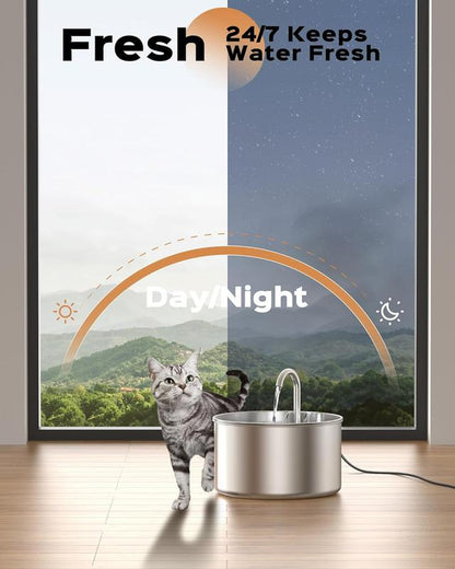 Cat Water Fountain, 304 Stainless Steel Pet Water Fountain, 24/7 Keep the Water Fresh, 74Oz Capacity, Ultra-Quiet, No Sputter, Compact, Easy Cleaning, Suit for Pets