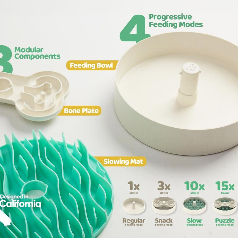 Puzzle Feeder Dog Slow Feeder Bowl - 15 Times Slower, 3 Parts, Silicon Mat, Dishwasher Safe, Spinning Bone Plate, Pet Toy, Multicoloured Slow Feeder