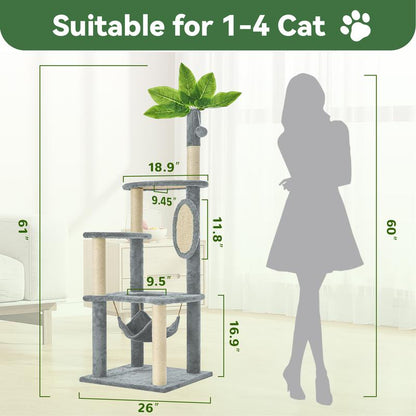 Wecharmer Cat Tree / Tower for Indoor with Green Leaves, Cat Condo Cozy Plush House with Hang Ball, Pet Furniture with Scratching Posts Cat Tree