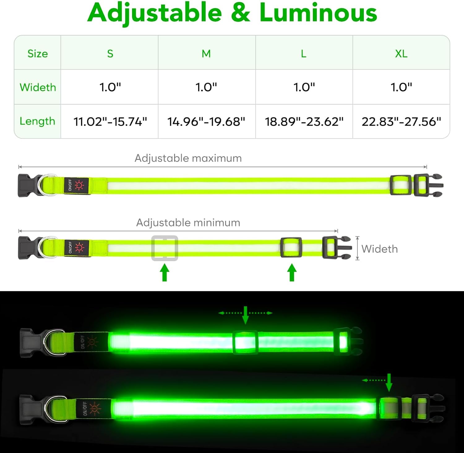 LED Dog Collar, Light up Dog Collar Adjustable USB Rechargeable Super Bright Safety Light Glowing Collars for Dog(Small,Green)