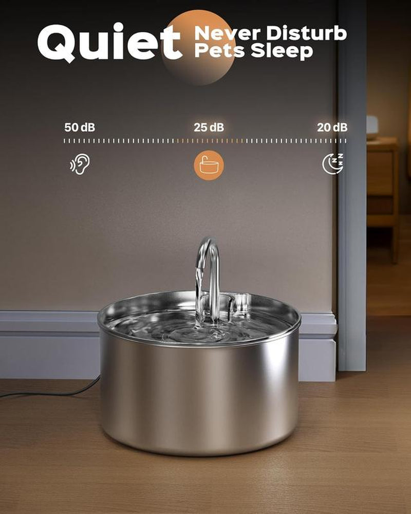 Cat Water Fountain, 304 Stainless Steel Pet Water Fountain, 24/7 Keep the Water Fresh, 74Oz Capacity, Ultra-Quiet, No Sputter, Compact, Easy Cleaning, Suit for Pets