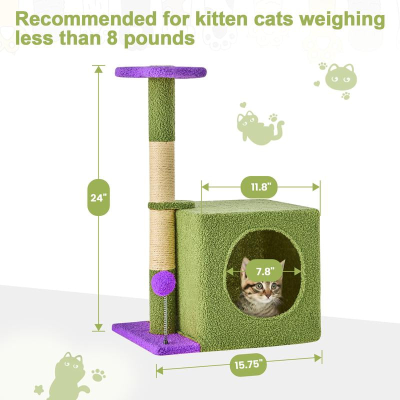 Wecharmer Cat Tree / Tower for Indoor with Green Leaves, Cat Condo Cozy Plush House with Hang Ball, Pet Furniture with Scratching Posts Cat Tree