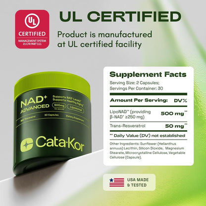 Cata-Kor NAD+ Advanced - NAD+ Supplement for Skin Aging Support, Energy, and Focus - 500Mg per Serving - 60 Count (30 Day Supply) - Previously Known as Reus Research NR 900