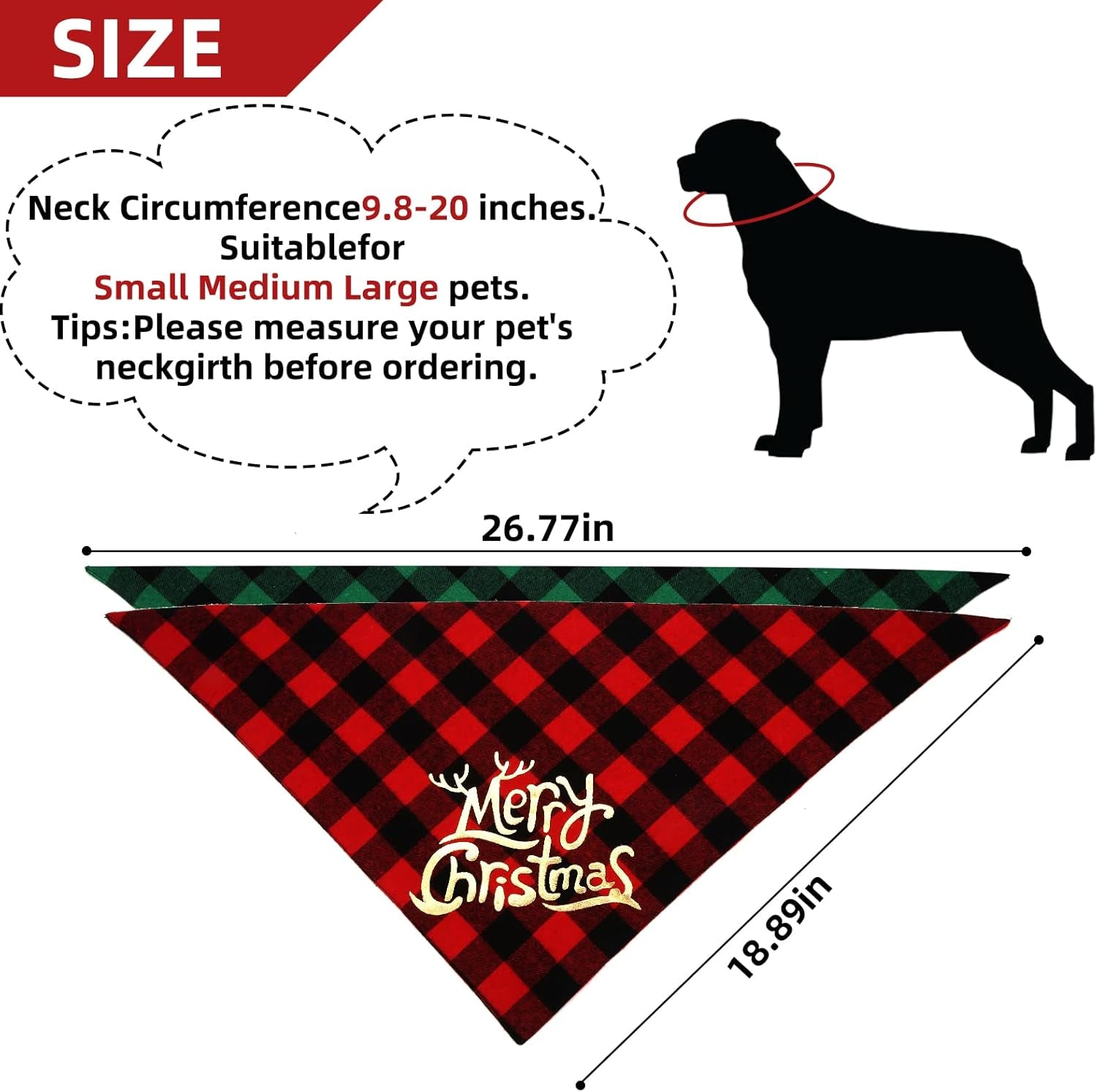 Dog Christmas Bandana for Dogs(2 Pack),Classic Buffalo Plaid with Golden Merry Christmas Pattern Dog Bandanas for Small Medium Large Dogs Accessories Triangle Dog Christmas Scarf