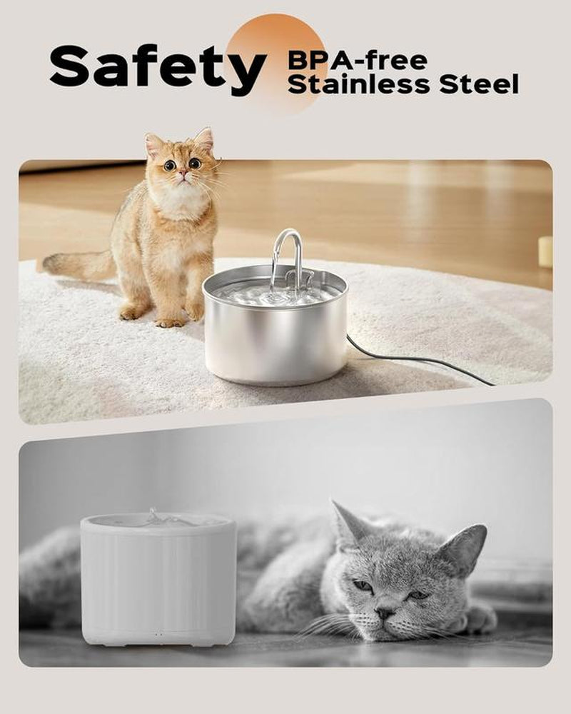 Cat Water Fountain, 304 Stainless Steel Pet Water Fountain, 24/7 Keep the Water Fresh, 74Oz Capacity, Ultra-Quiet, No Sputter, Compact, Easy Cleaning, Suit for Pets
