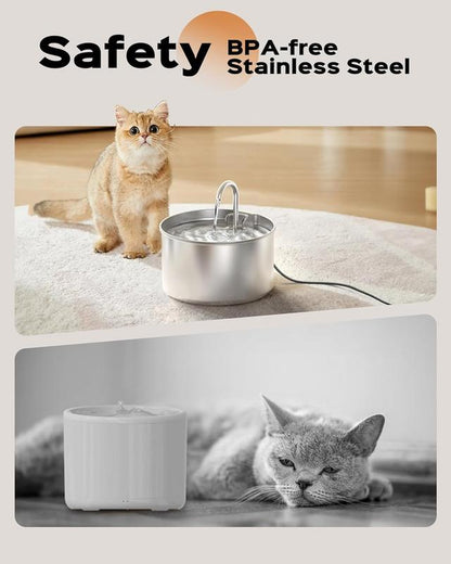 Cat Water Fountain, 304 Stainless Steel Pet Water Fountain, 24/7 Keep the Water Fresh, 74Oz Capacity, Ultra-Quiet, No Sputter, Compact, Easy Cleaning, Suit for Pets