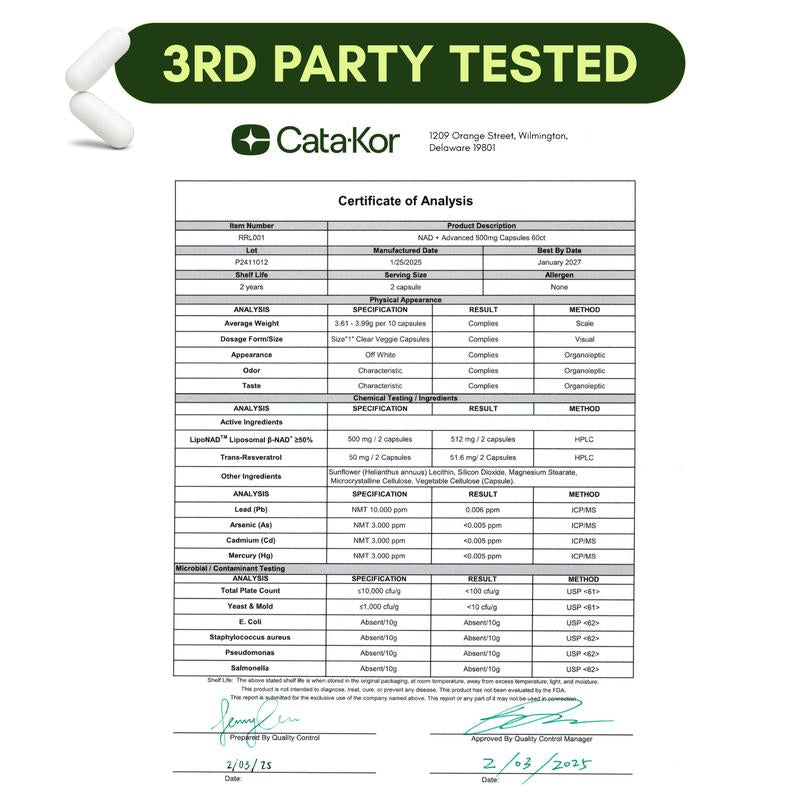 Cata-Kor NAD+ Advanced - NAD+ Supplement for Skin Aging Support, Energy, and Focus - 500Mg per Serving - 60 Count (30 Day Supply) - Previously Known as Reus Research NR 900