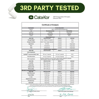 Cata-Kor NAD+ Advanced - NAD+ Supplement for Skin Aging Support, Energy, and Focus - 500Mg per Serving - 60 Count (30 Day Supply) - Previously Known as Reus Research NR 900